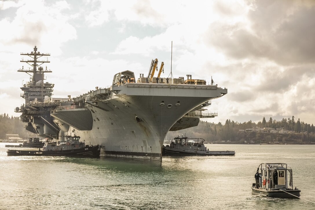 USS Nimitz (CVN 68) arrives at Puget Sound Naval Shipyard & Intermediate Maintenance Facility March 1, 2018.