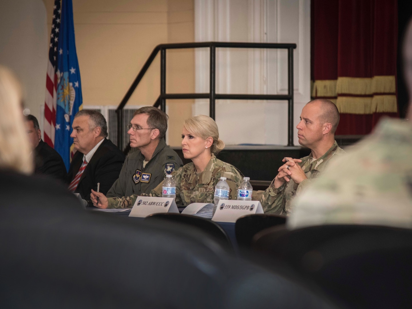 Brig. Gen. Laura Lenderman, 502d Air Base Wing and Joint Base San Antonio commander, and her leadership team, host a housing town hall Dec. 12, 2019 at the Fleenor Auditorium, JBSA-Randolph. These town halls here implemented to listen to concerns and update residents on the ongoing measures being taken to ensure safe and healthy homes at JBSA.