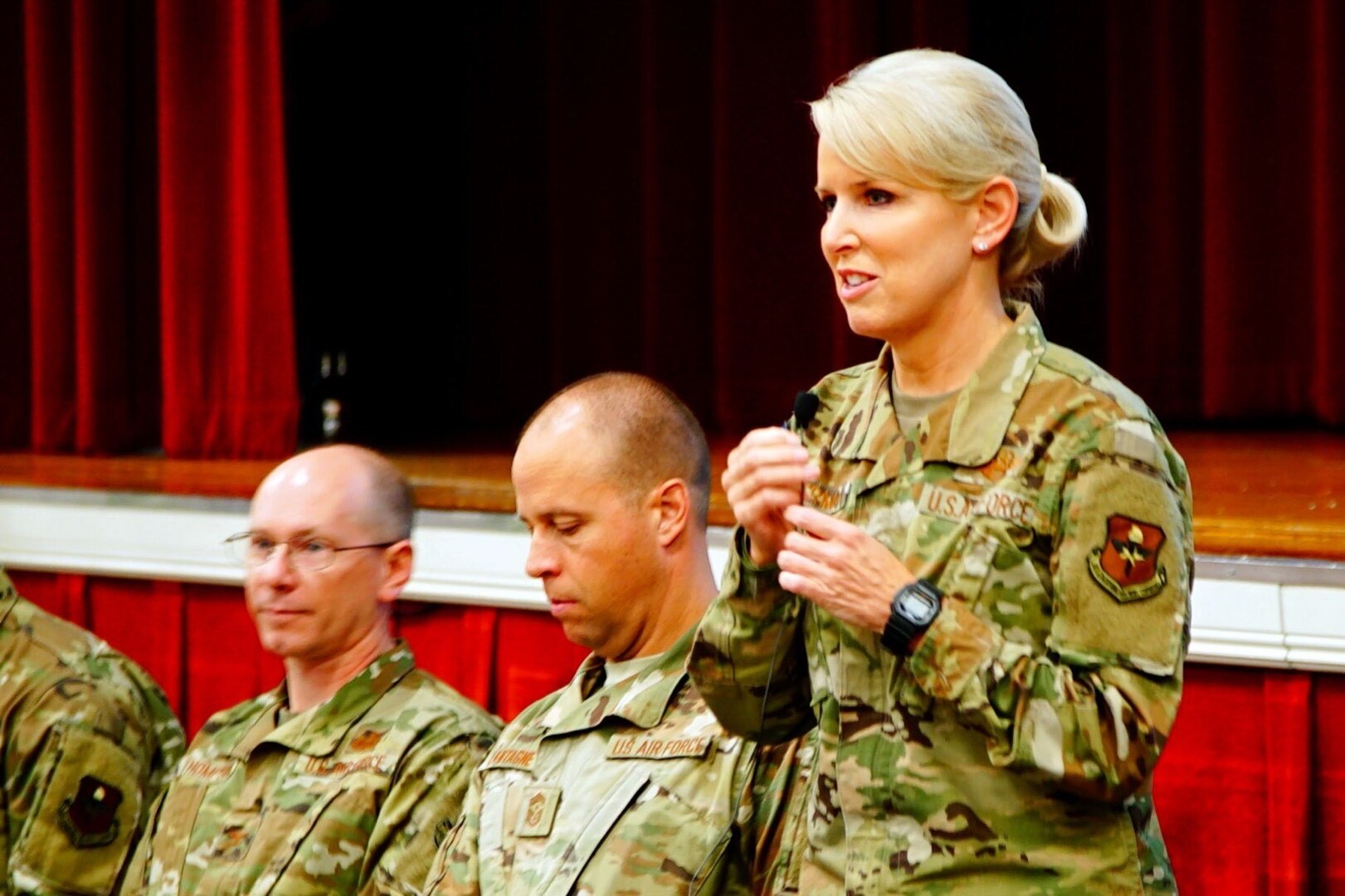 Brig. Gen. Laura Lenderman, 502d Air Base Wing and Joint Base San Antonio commander, and her leadership team, host a housing town hall Dec. 12, 2019 at the Fleenor Auditorium, JBSA-Randolph. These town halls here implemented to listen to concerns and update residents on the ongoing measures being taken to ensure safe and healthy homes at JBSA.