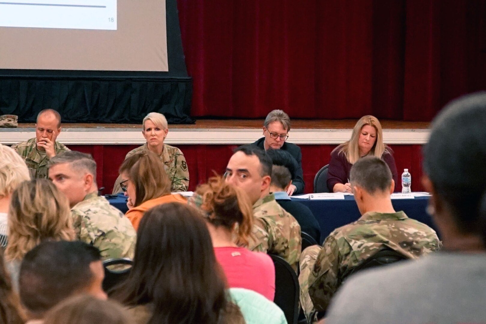 Brig. Gen. Laura Lenderman, 502d Air Base Wing and Joint Base San Antonio commander, and her leadership team, host a housing town hall Dec. 12, 2019 at the Fleenor Auditorium, JBSA-Randolph. These town halls here implemented to listen to concerns and update residents on the ongoing measures being taken to ensure safe and healthy homes at JBSA.