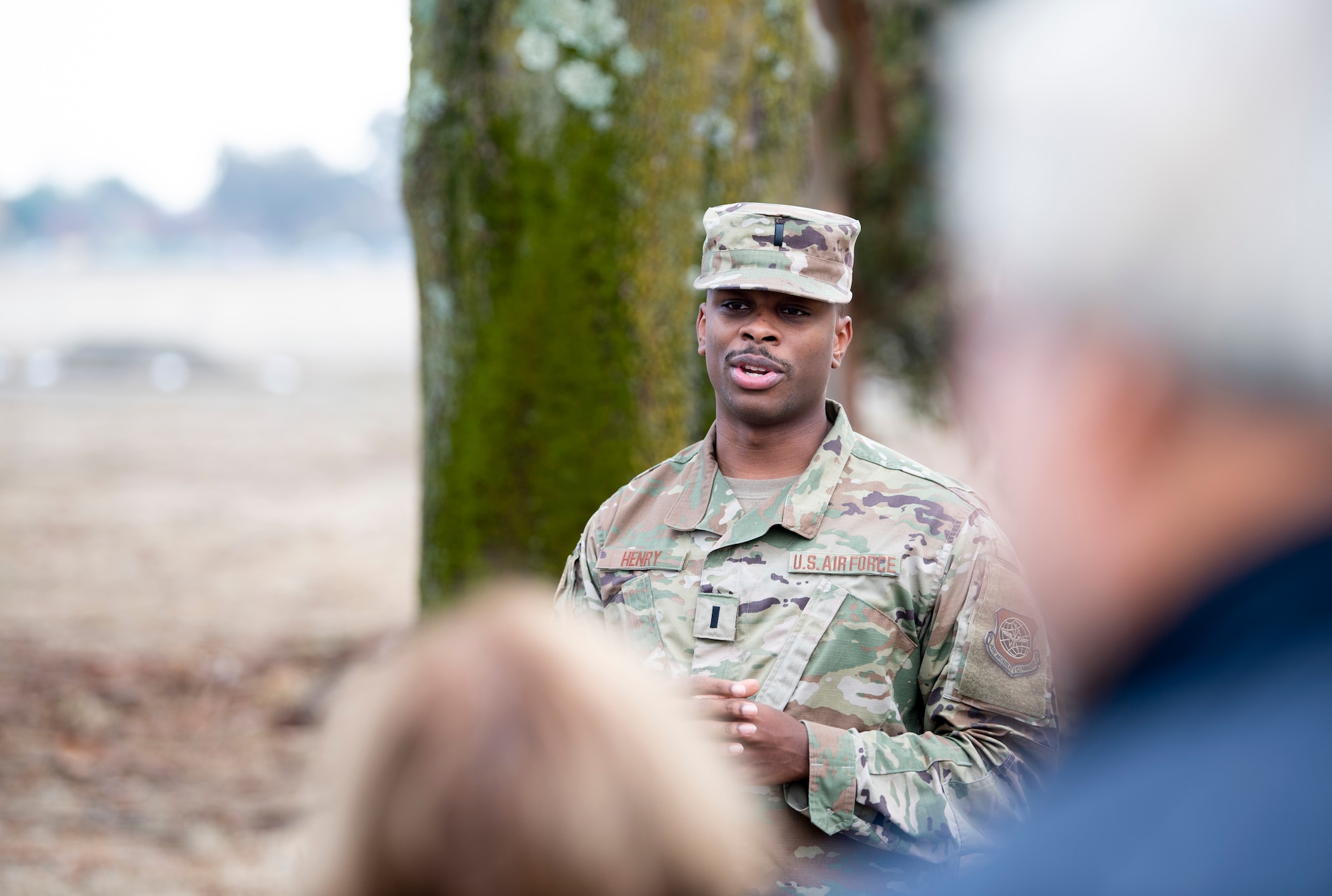 U.S. Air Force 1st Lt. Daniel Henry, 60th Civil Engineer Squadron officer, briefs honorary commanders about construction during the 60th Mission Support Group honorary commanders tour Dec. 6, 2019, at Travis Air Force Base, California. Travis AFB’s honorary commander program allows base leadership to develop relationships with local, civic and business leaders. It also gives the opportunity to learn about the surrounding communities. (U.S. Air Force photo by Senior Airman Jonathon Carnell)