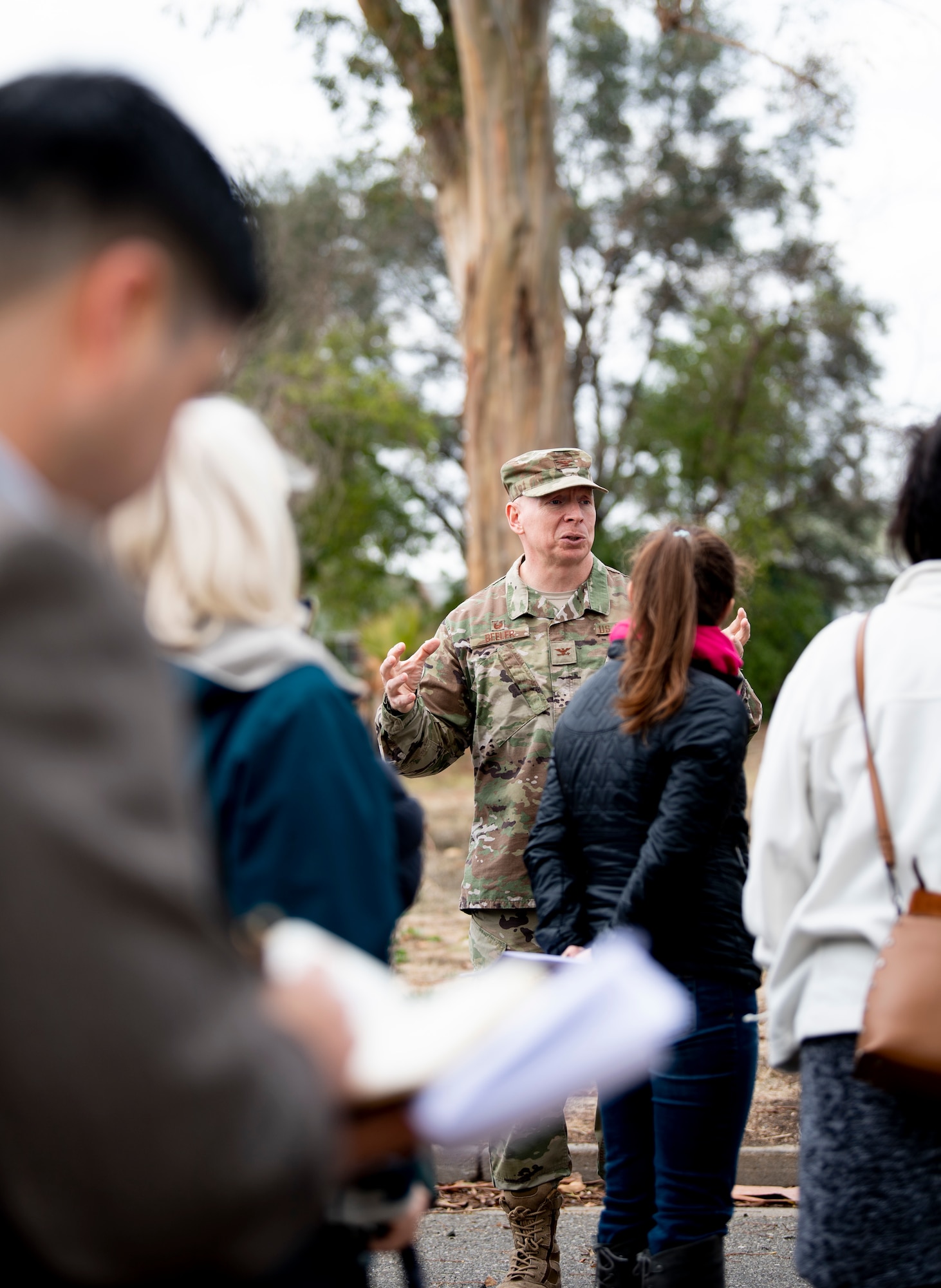 U.S. Air Force Col. Victor Beeler, 60th Mission Support Group commander, briefs honorary commanders during the 60th Mission Support Group honorary commanders tour Dec. 6, 2019, at Travis Air Force Base, California. Travis AFB’s honorary commander program allows base leadership to develop relationships with local, civic and business leaders. It also gives the opportunity to learn about the surrounding communities. (U.S. Air Force photo by Senior Airman Jonathon Carnell)