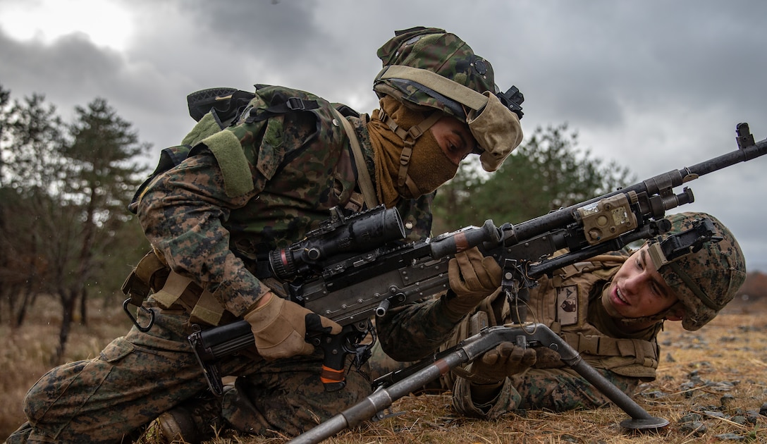 U.S. Marines with 1st Battalion, 25th Marine Regiment, currently assigned to 4th Marine Regiment, 3rd Marine Division, under the Unit Deployment Program, hold a defensive line during a patrol as part of a comprehensive force on force event at Forest Light Middle Army in Aibano Training Area, Shiga, Japan, Dec. 12, 2019. Forest Light Middle Army is an annual training exercise that is designed to enhance the collective defense capabilities of the United States and Japan Alliance by allowing infantry units to maintain their lethality and proficiency in infantry and combined arms tactics.