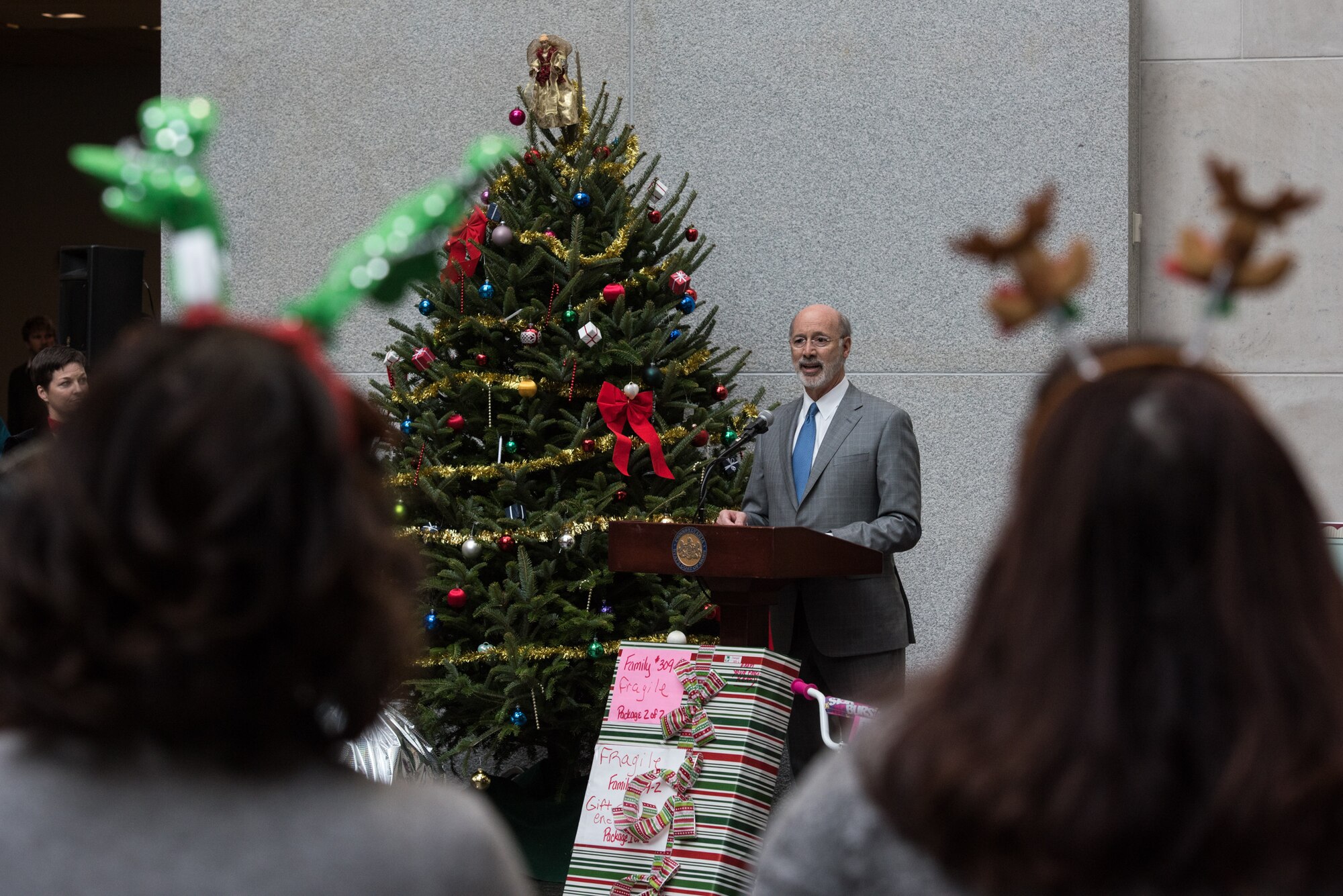 Pennsylvania Governor Tom Wolf speaks during a ceremony for the 30th Annual Holiday Wish Program.