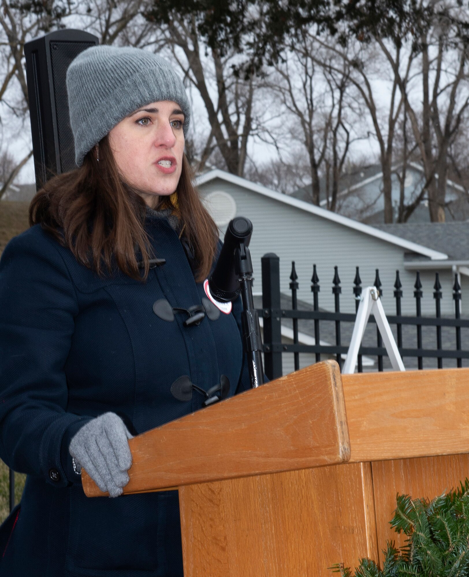 Christine Stewart, Offutt Officer’s Spouses Club co-chair, speaks during a National Wreaths Across America Ceremony at Offutt Air Force Base, Neb., Dec. 14, 2019. The WAA is a non-profit organization that lays wreaths at more than 1,200 veteran cemeteries across the country and overseas on National Wreath Day.