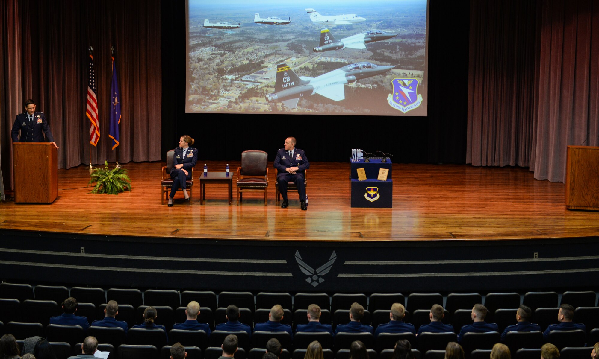 Col. Stephen Hodge, 314th Airlift Wing commander, delivers a speech at the graduation ceremony of Specialized Undergraduate Pilot Training Class 20-04/05, Dec. 13, 2019, at Columbus Air Force Base, Miss. During his speech, Hodge told the new pilots they set an example and that they will be looked up to, once they reach their assignments. (U.S. Air Force photo by Airman Davis Donaldson)