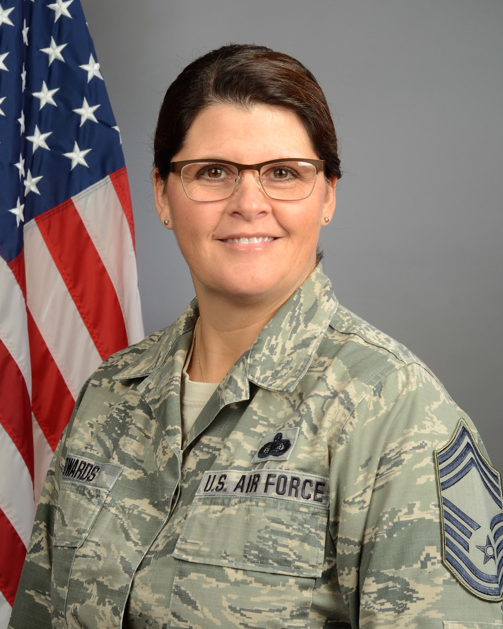 Portrait of U.S. Air Force Chief Master Sgt. Sarah Edwards, assigned to the Joint Forces Headquarters at McEntire Joint National Guard Base, S.C., Nov. 19, 2019.