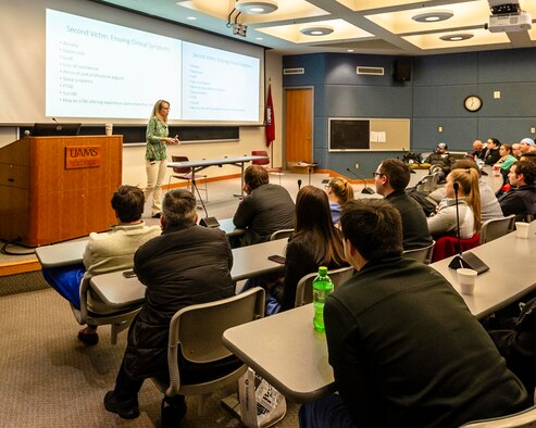 U.S. Air Force Reserve Lt. Col. Charlotte Appleton, 913th Aerospace Medicine Squadron commander, shared best practices and discussed resiliency to anesthesiology residents during weekly education presentations on Dec. 10, 2019, at University of Arkansas Medical School in Little Rock, Arkansas. (U.S. Air Force Reserve photo by Maj. Ashley Walker)