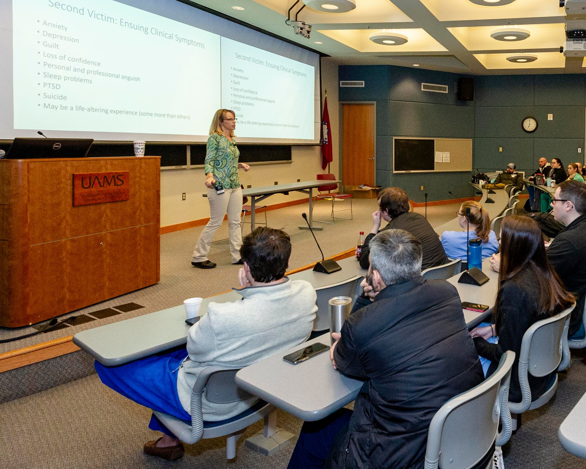U.S. Air Force Reserve Lt. Col. Charlotte Appleton, 913th Aerospace Medicine Squadron commander, shared best practices and discussed resiliency to anesthesiology residents during weekly education presentations on Dec. 10, 2019, at University of Arkansas Medical School in Little Rock, Arkansas. (U.S. Air Force Reserve photo by Maj. Ashley Walker)