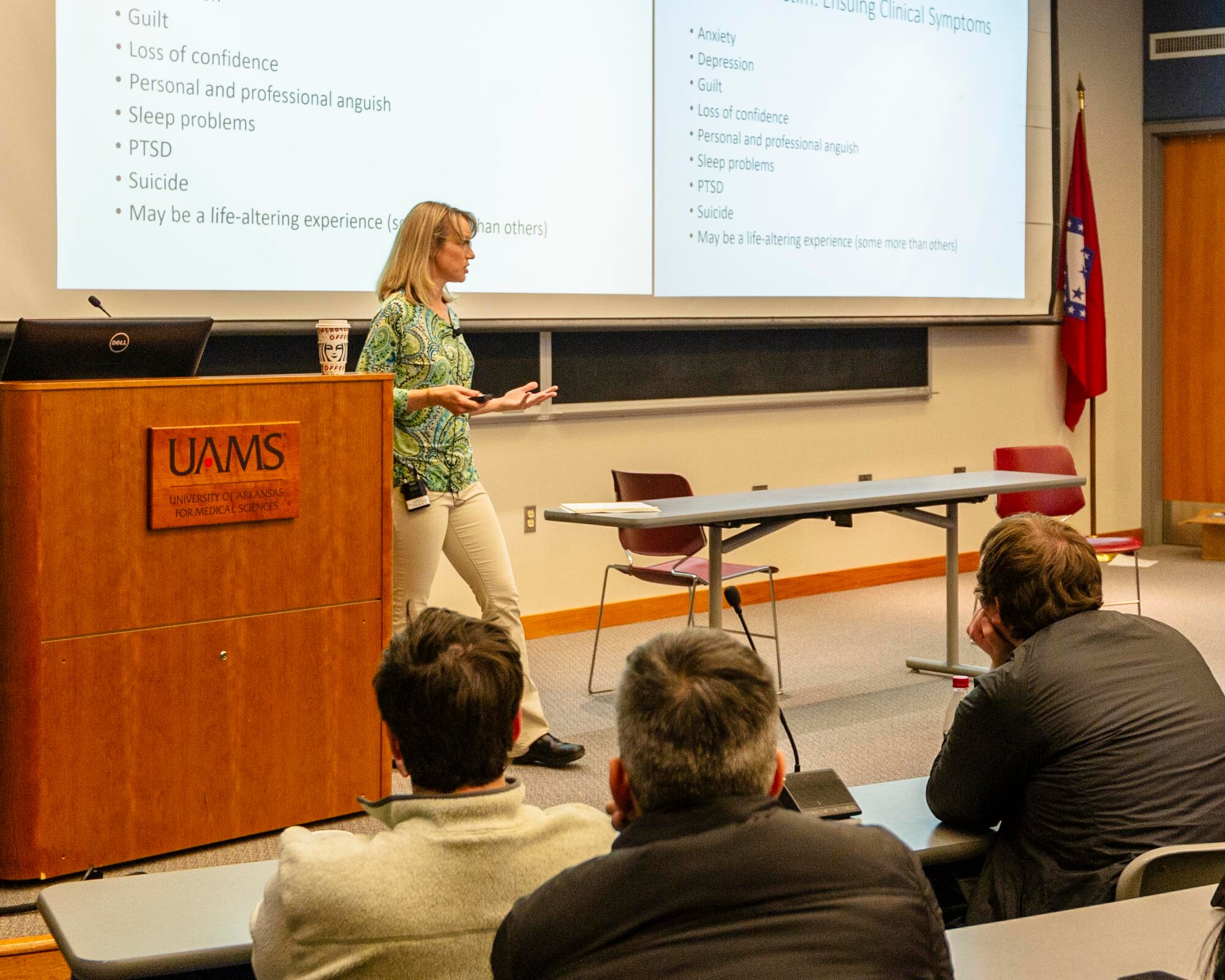 U.S. Air Force Reserve Lt. Col. Charlotte Appleton, 913th Aerospace Medicine Squadron commander, shared best practices and discussed resiliency to anesthesiology residents during weekly education presentations on Dec. 10, 2019, at University of Arkansas Medical School in Little Rock, Arkansas. (U.S. Air Force Reserve photo by Maj. Ashley Walker)