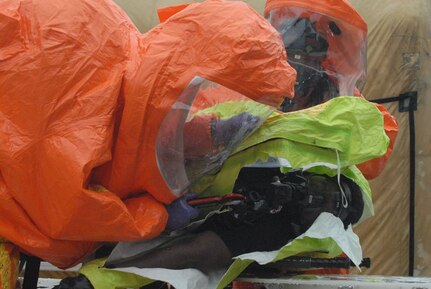 Members of the District of Columbia National Guard’s 33rd Civil Support Team work to identify an unknown substance during a recent Training Proficiency Evaluation at Fort Lee in Colonial Heights, Va.