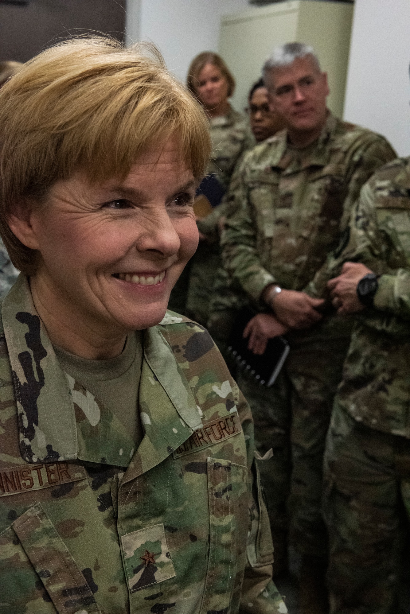 U.S. Air Force Brig. Gen. Sharon Bannister, Air Combat Command Surgeon General, smiles during a tour of the 325th Medical Group at Tyndall Air Force Base, Florida, Dec. 18, 2019. Bannister visited several sections of the unit including the pharmacy, laboratory, dental and optometry, just to name a few. (U.S. Air Force photo by Staff Sgt. Magen. M. Reeves)