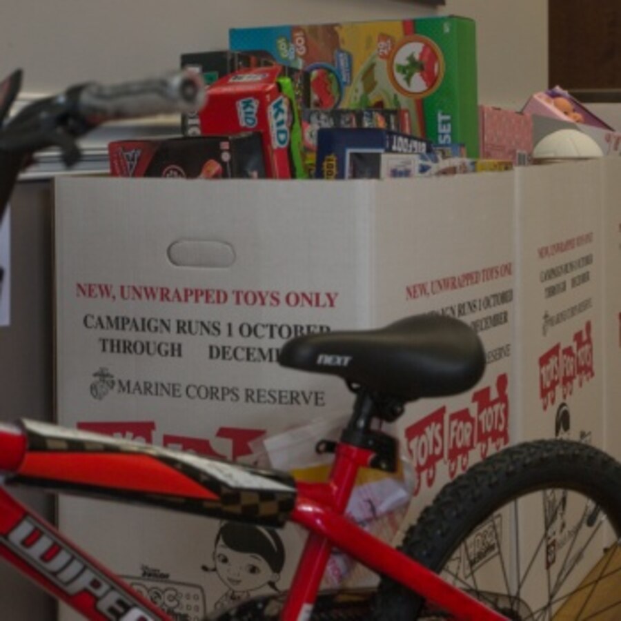 Pictured is a Toys for Tots donation bin at a Marine Corps Community Services Cherry Point hosted event in which patrons could have breakfast with Santa Claus at Miller’s landing at Marine Corps Air Station Cherry Point, North Carolina, Dec. 7, 2019. Toys for Tots is a program founded by the Marine Corps in which new unwrapped toys and gifts are collected and distributed to less fortunate children during the Christmas holiday season. (U.S. Marine Corps photo by Lance Cpl. Michael Neuenhoff)