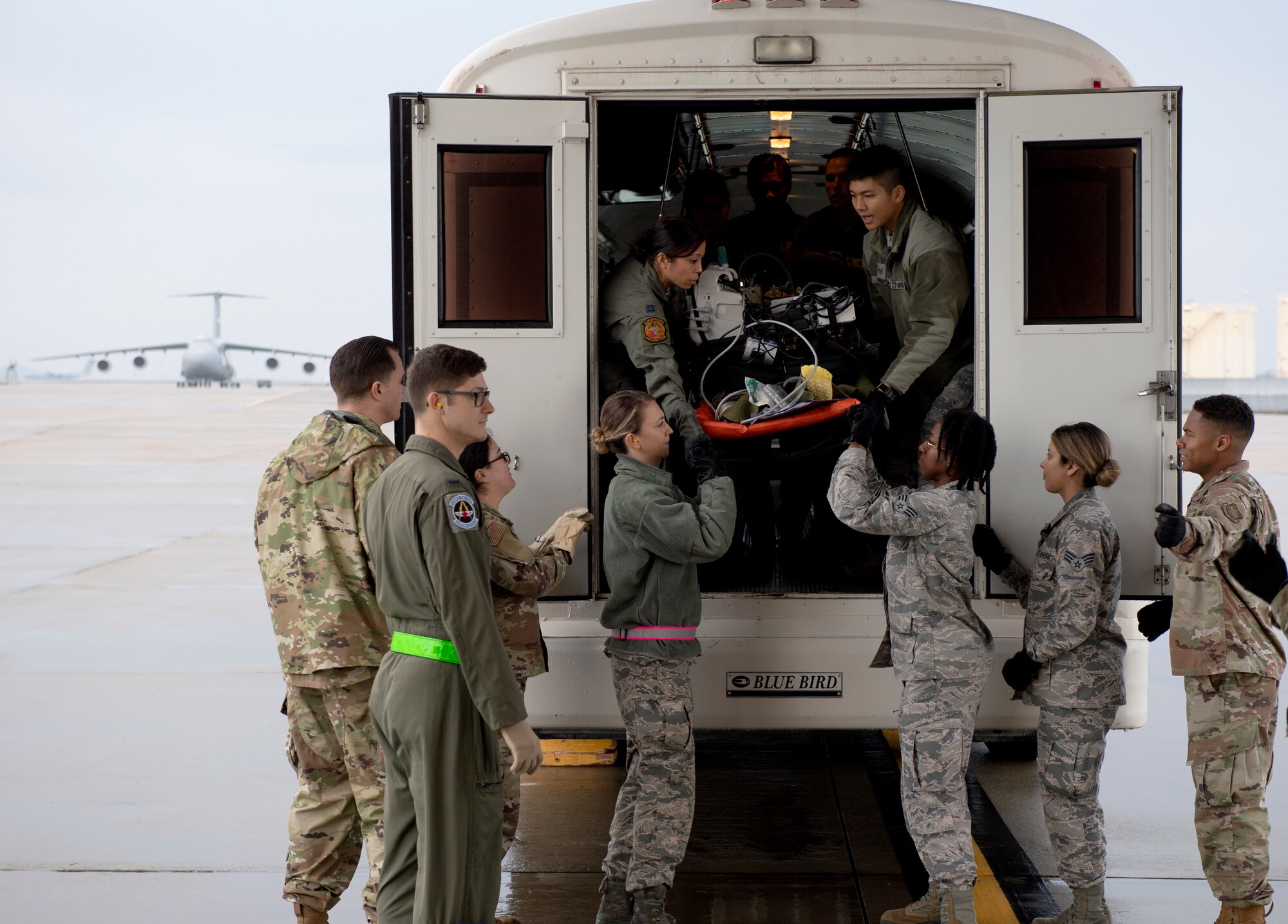 photos of Airmen practicing aeromedical evacuation on a C-17 Globemaster III from Travis AFB, California.
