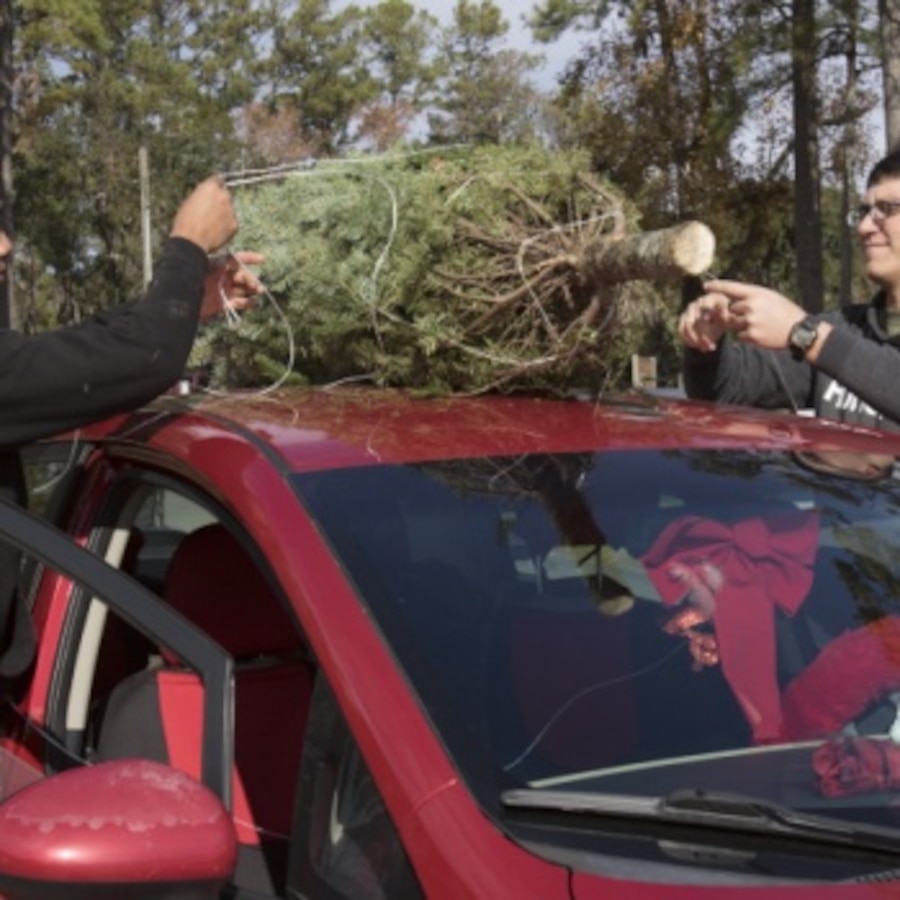 U.S. Marine volunteers tie a tree to the roof of a car during the 14th annual Trees for Troops event at Marine Corps Air Station Cherry Point, North Carolina, Dec. 6, 2019. Volunteers with the Single Marine Program helped distribute more than 400 free trees to service members and their families as a symbol of brotherhood and appreciation for the community during the holiday season. (U.S. Marine Corps photo by Cpl. Alexandra Amor Santos Arambulo)