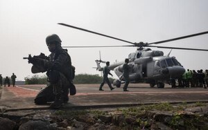 Indian special forces secure a landing zone for a Mi-17 (look up the Indian helicopters name, it has a NATO designation of Hip) for a casualty evacuation operations during a medical subject matter expert exchange at Kakinada Beach, India, Nov. 20, 2019. The SMEE focused on lessons learned and table top exercises on performing humanitarian disaster and relief operations in a post-disaster environment, where roads, air and seaports are no longer accessible due to a natural disaster. (Courtesy photo)