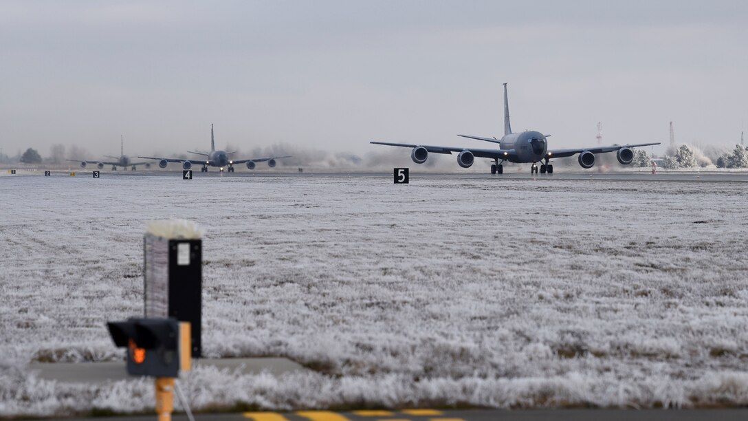 U.S. Air Force KC-135 Stratotankers prepare to take-off during Exercise Titan Fury at Fairchild Air Force Base, Washington, Dec. 9, 2019.