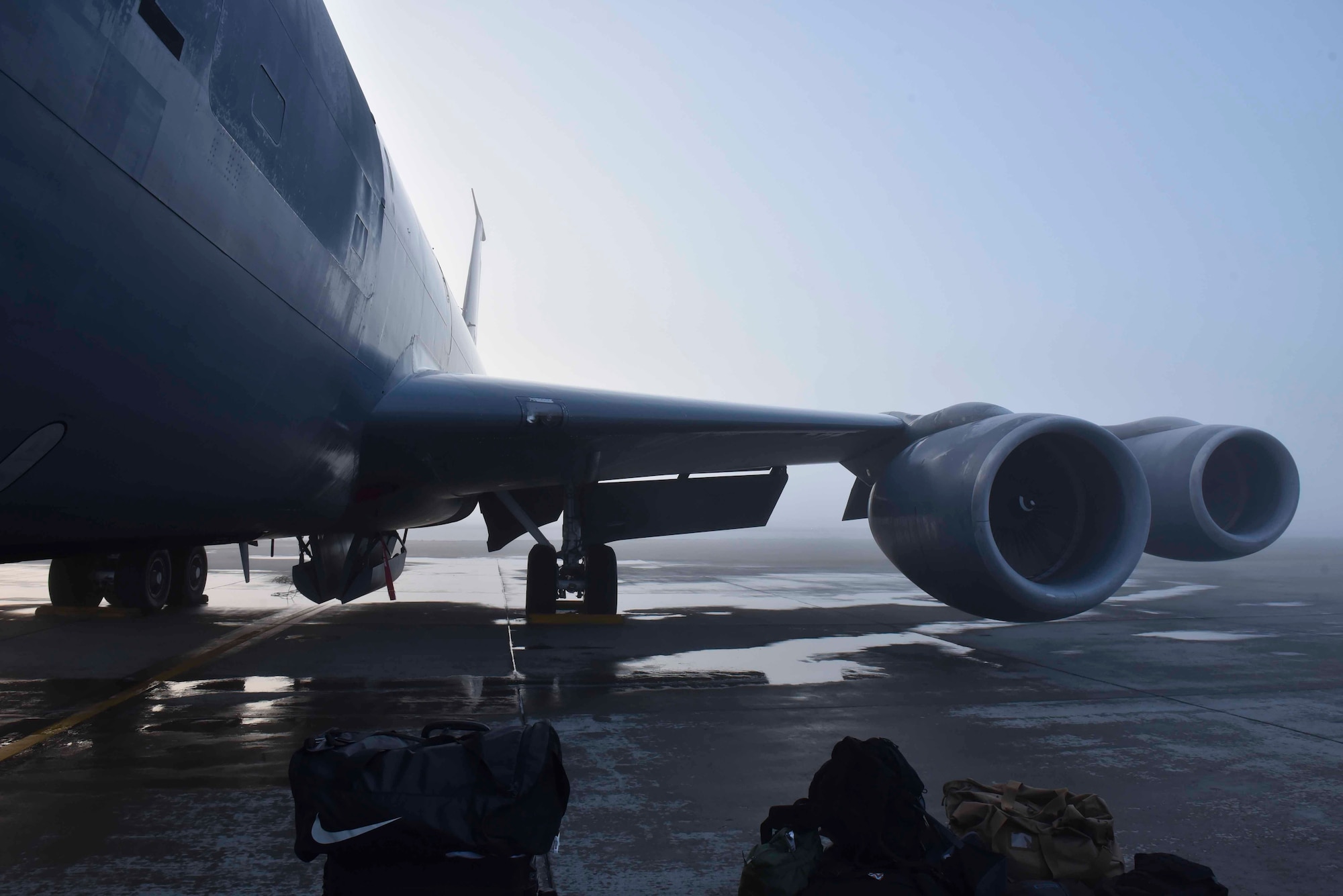 A KC-135 Stratotanker is parked on the flightline at Fairchild Air Force Base, Washington, Nov. 22, 2019. The KC-135 flew to Tinker Air Force Base, Oklahoma, for programmed depot maintenance and upgrades to the aircraft to increase functionality and longevity, and maintain safety of Team Fairchild’s Airmen. (U.S. Air Force photo by Airman Kiaundra Miller)