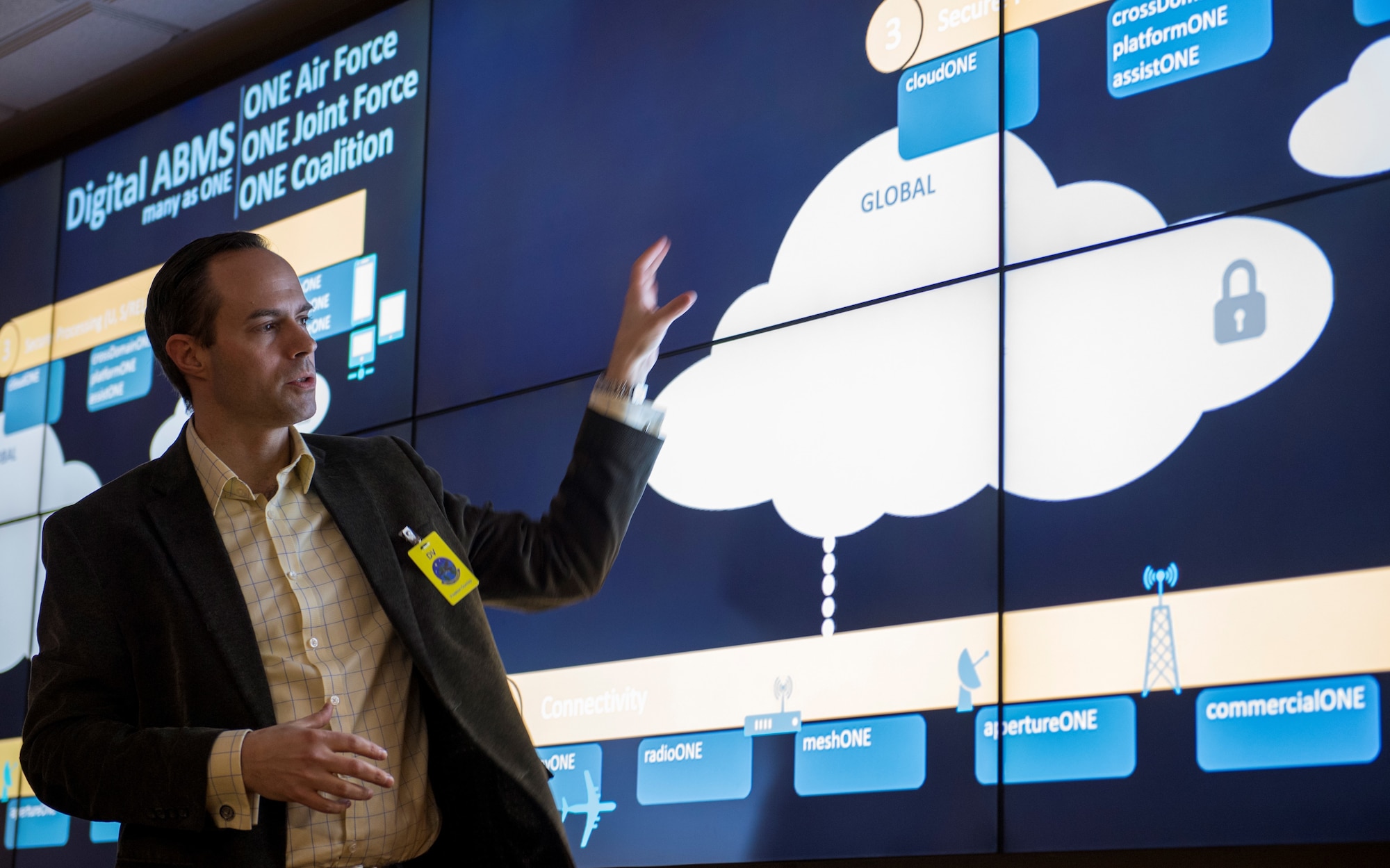 Preston Dunlap, Air Force chief architect, briefs Department of Defense senior leaders during the first ever Advanced Battle Management System live demonstration at Eglin Air Force Base, Fla., Dec. 18, 2019. During the first demonstration of the ABMS, operators across the Air Force, Army, Navy and industry tested multiple real-time data sharing tools and technology in a homeland defense-based scenario enacted by U.S. Northern Command and enabled by Air Force senior leaders. The collection of networked systems and immediately available information is critical to enabling joint service operations across all domains. (U.S. Air Force photo by Tech. Sgt. Joshua J. Garcia)