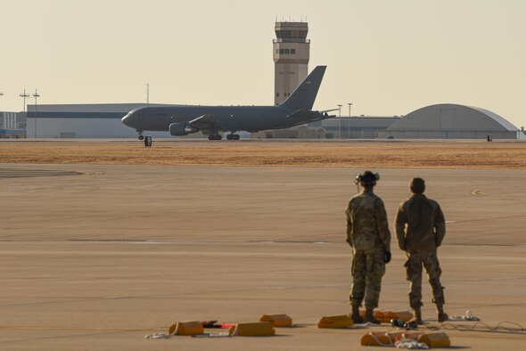 The 22nd Air Refueling Wing’s newest KC-46A Pegasus lands, Dec. 20, 2019, at McConnell Air Force Base, Kan. This KC-46 is Team McConnell’s 20th delivery and it will join a fleet that will advance air refueling capabilities around the world. (U.S. Air Force photo by Airman 1st Class Alexi Bosarge)