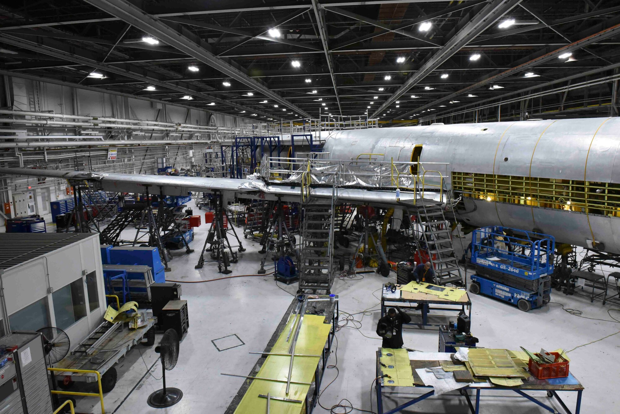 A KC-135 Stratotanker undergoes programmed depot maintenance at the Oklahoma City Air Logistics Complex at Tinker Air Force Base, Oklahoma, Nov. 23, 2019. During PDM, each KC-135 undergoes a series of inspections, upgrades to the aircraft, and a flight test to ensure proper functionality. (U.S. Air Force photo by Airman Kiaundra Miller)