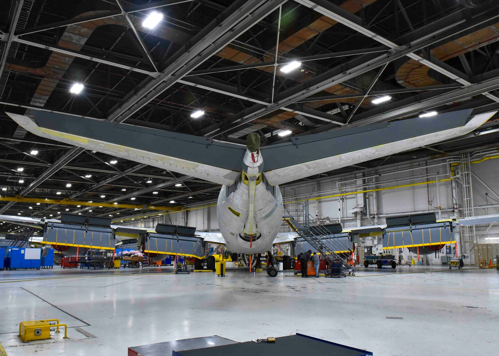 A KC-135 Stratotanker is parked inside a maintenance hangar prior to a test flight at the Oklahoma City Air Logistics Complex on Tinker Air Force Base, Oklahoma Nov. 23, 2019. After going through programmed depot maintenance, each aircraft must be taken on a test flight to ensure it is safe for long-term use. (U.S. Air Force photo by Airman Kiaundra Miller)