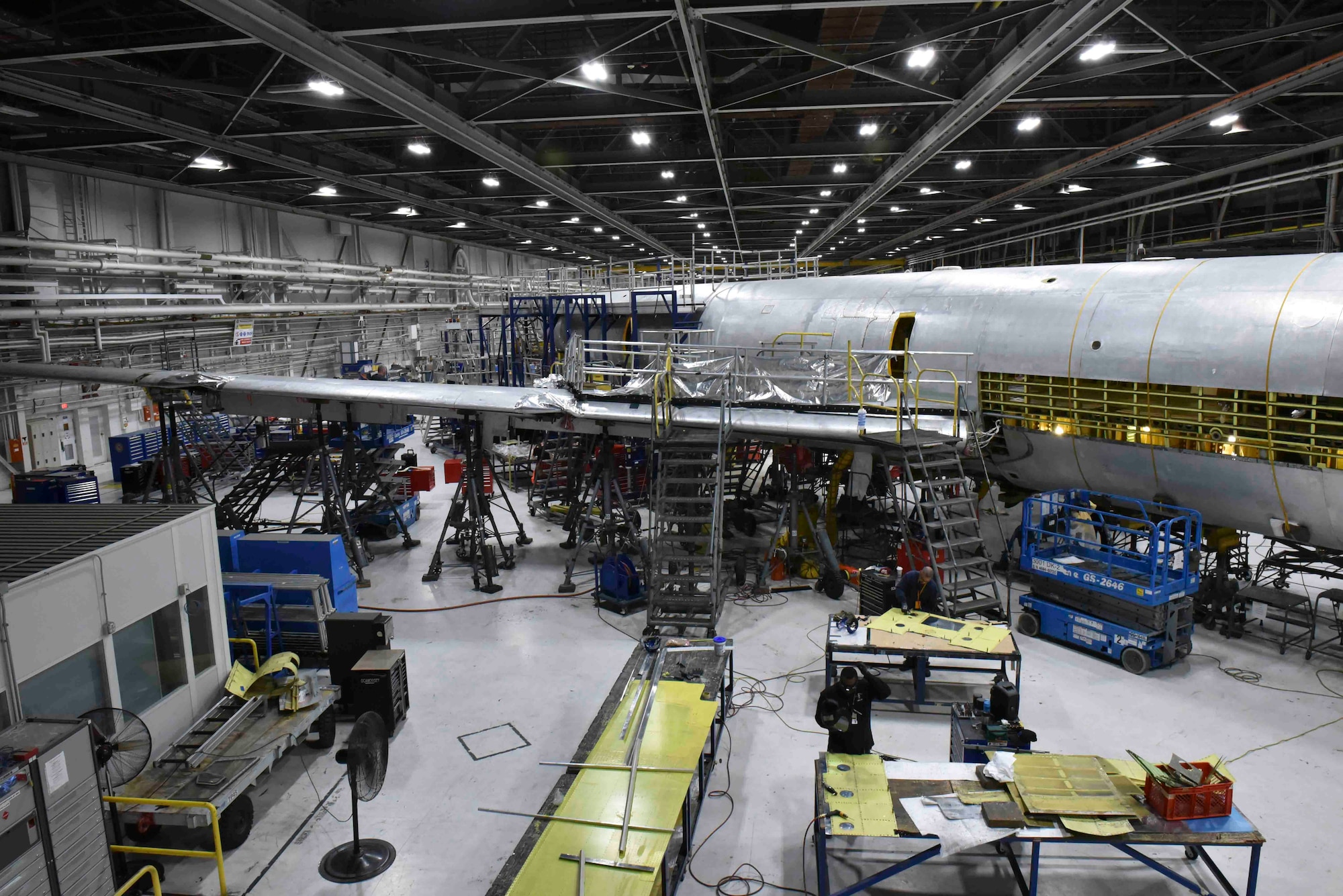 A KC-135 Stratotanker undergoes programmed depot maintenance at the Oklahoma City Air Logistics Complex at Tinker Air Force Base, Oklahoma, Nov. 23, 2019. During PDM, each KC-135 undergoes a series of inspections, upgrades to the aircraft, and a flight test to ensure proper functionality. (U.S. Air Force photo by Airman Kiaundra Miller)