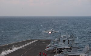 191220-N-WR846-0238 NORTH ARABIAN SEA (Dec. 20, 2019) An F/A-18E Super Hornet, attached to the �Sunliners� of Strike Fighter Squadron (VFA) 81, takes off from the flight deck of the aircraft carrier USS Harry S. Truman (CVN 75) in the Arabian Sea, Dec. 20, 2019. The Harry S. Truman Carrier Strike Group is deployed to the U.S. 5th Fleet area of operations in support of naval operations to ensure maritime stability and security in the Central Region, connecting the Mediterranean and the Pacific through the western Indian Ocean and three strategic choke points. (U.S. Navy photo by Mass Communication Specialist 2nd Class Jake Carrillo)