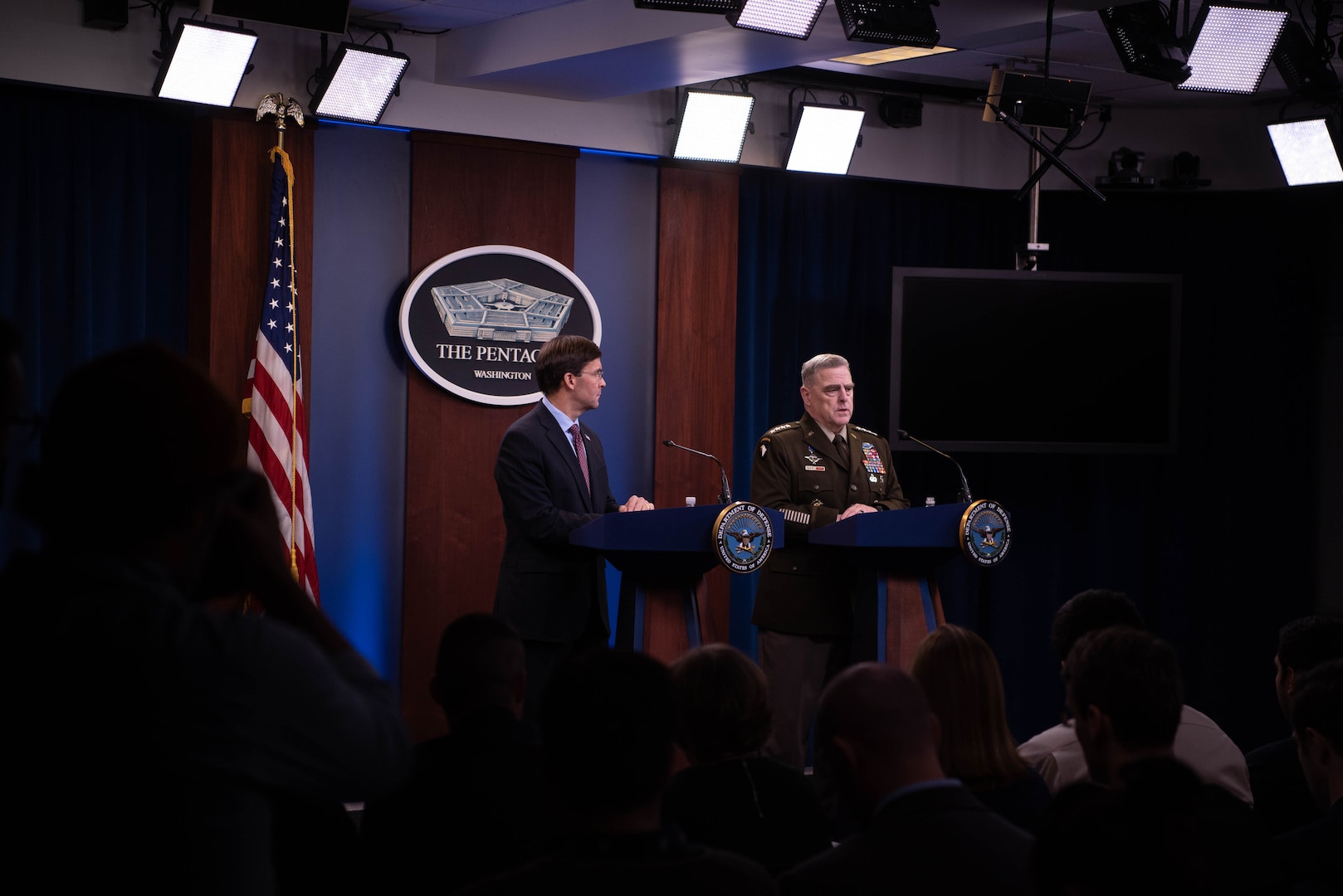 Defense Secretary Mark T. Esper and Chairman of the Joint Chiefs of Staff Army Gen. Mark A. Milley brief the media at the Pentagon, Washington D.C., Dec. 20, 2019.