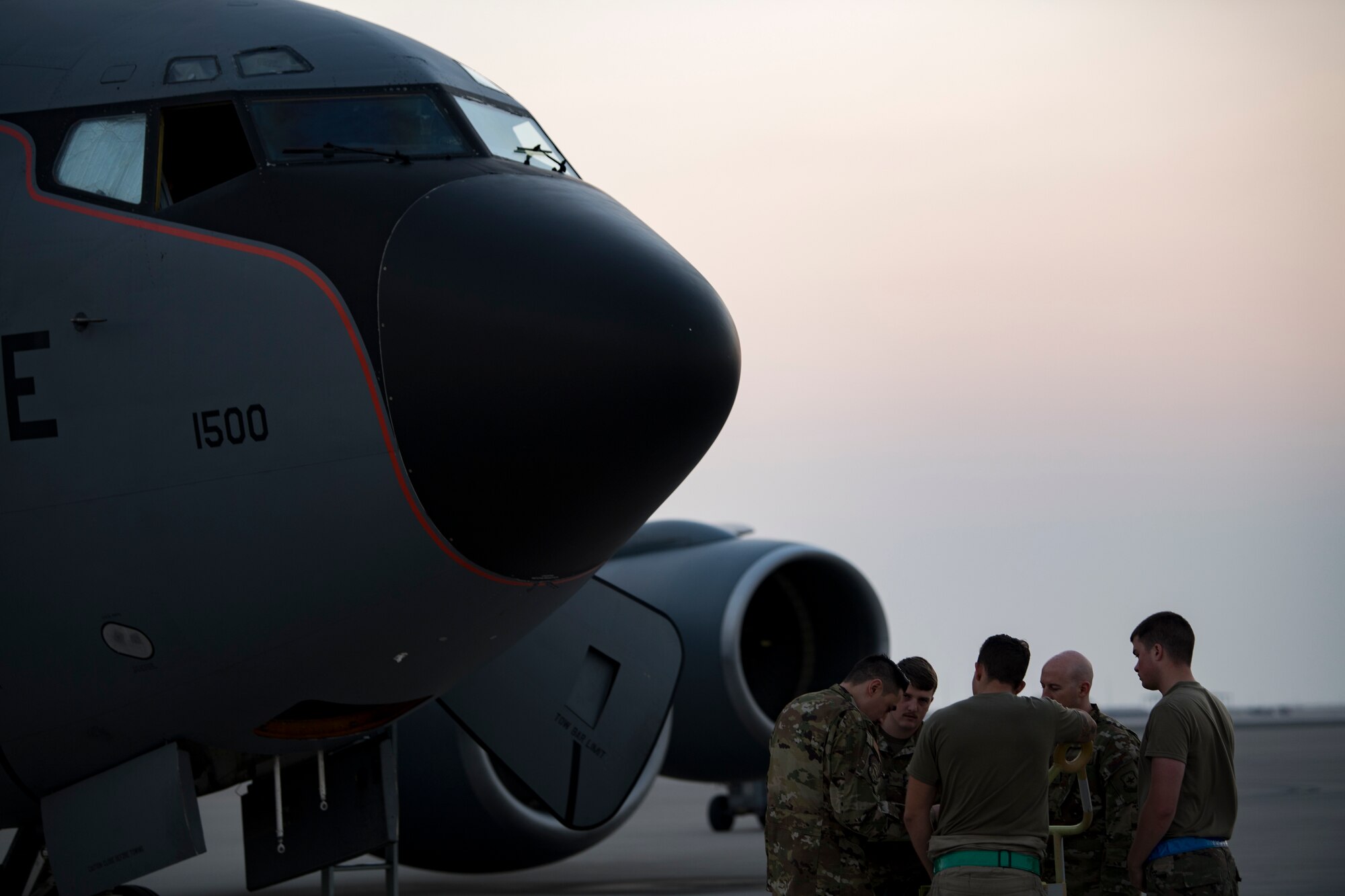 U.S. Air Force KC-135 Stratotanker aircrew members with the 28th Expeditionary Air Refueling Squadron conduct a preflight briefing at Al Udeid Air Base, Qatar, Dec. 6, 2019.