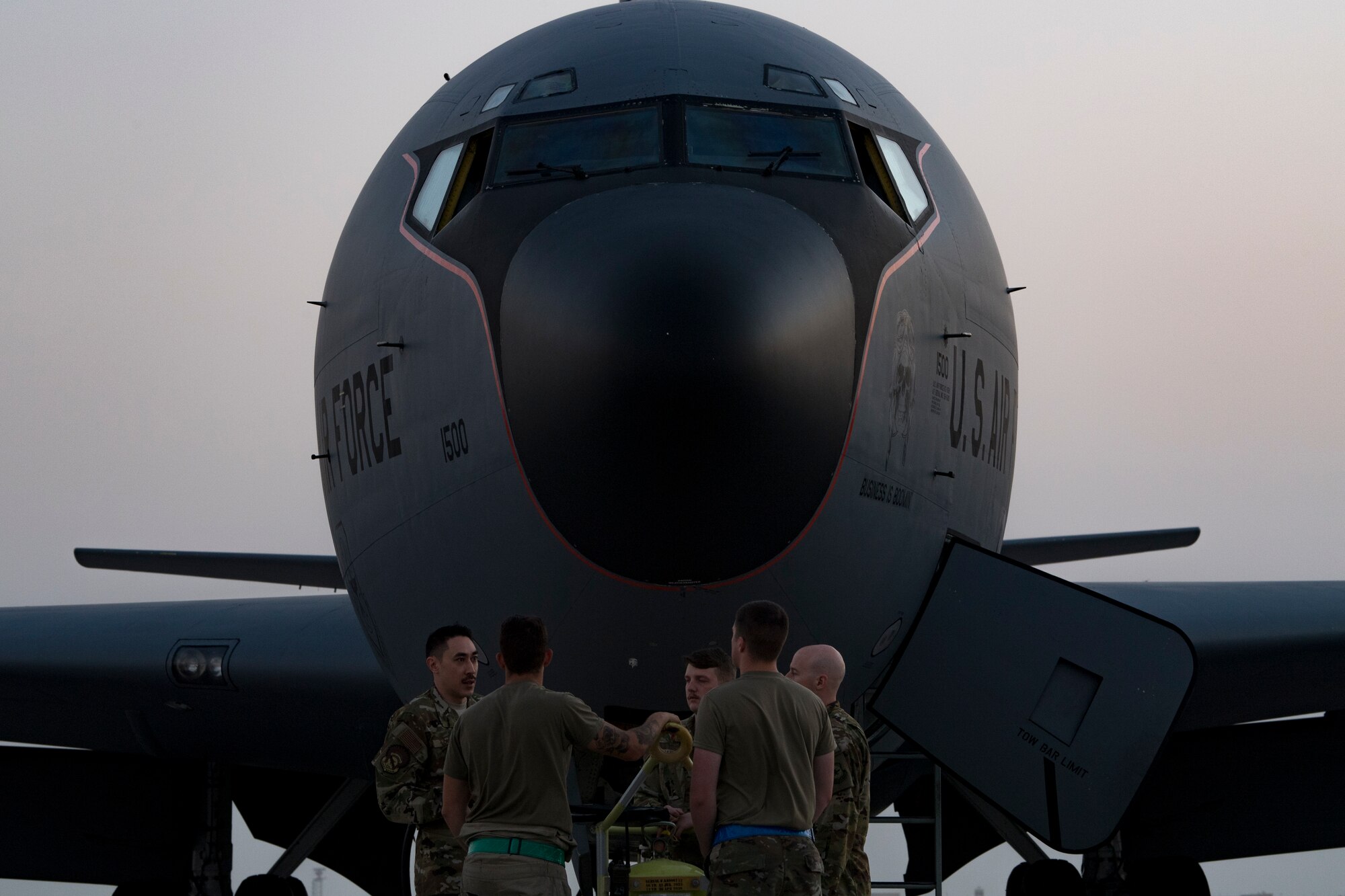 U.S. Air Force KC-135 Stratotanker aircrew members with the 28th Expeditionary Air Refueling Squadron conduct a preflight briefing at Al Udeid Air Base, Qatar, Dec. 6, 2019.
