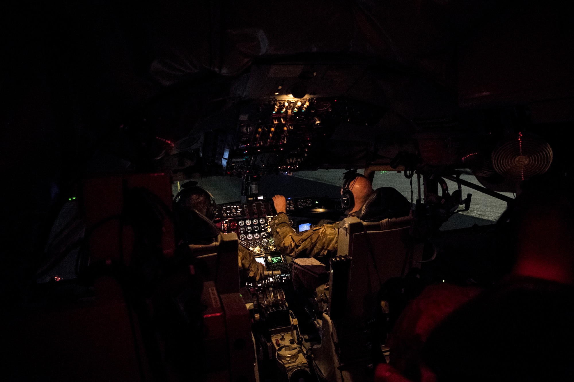 A U.S. Air Force KC-135 Stratotanker aircrew with the 28th Expeditionary Air Refueling Squadron prepare for takeoff at Al Udeid Air Base, Qatar, Dec. 6, 2019.