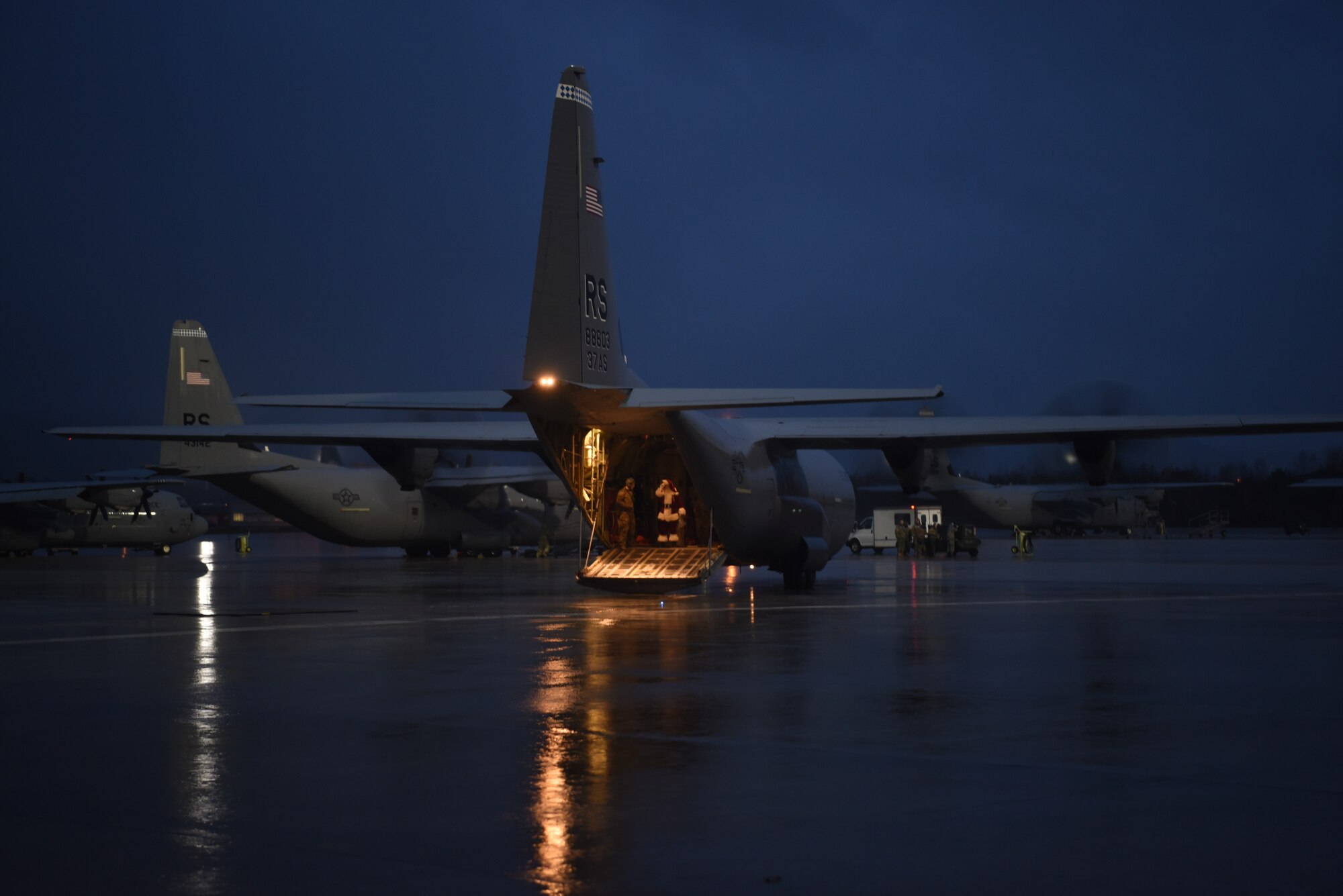 Santa arrives via a C-130J Hercules aircraft to the Rudolph the Red Nosed Herc event at Ramstein Air Base, Germany, Dec. 20, 2019.