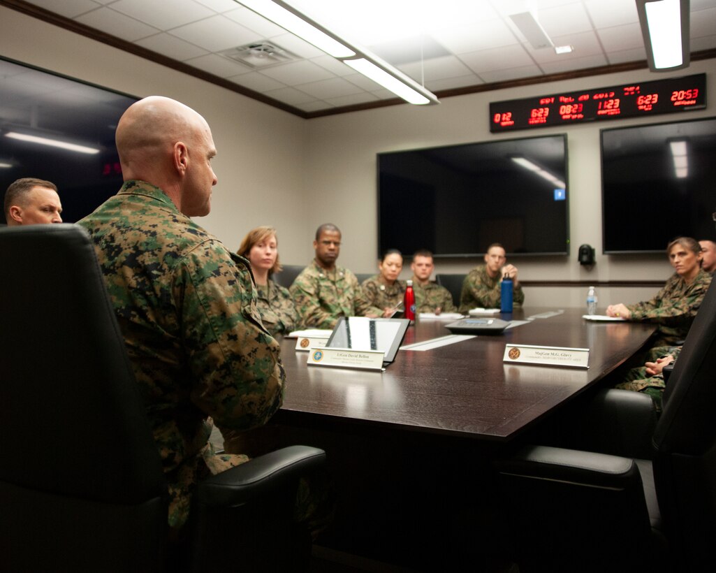 Marine Corps Lt. Gen. David G. Bellon, commander of Marine Corps Forces Reserve, visits Marine Corps Forces Cyberspace Command Marines at Lasswell Hall, Fort Meade, Maryland, Dec. 20, 2019. Maj. Gen. Matthew G. Glavy, MARFORCYBER commander, prioritizes people because without the right motivated, trained and empowered people the mission would not be accomplished