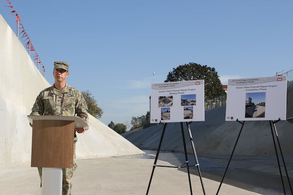 The U.S. Army Corps of Engineers Los Angeles District and the Orange County Flood Control District completed flood channel repairs before Southern California’s flood season.

District Commander Col. Aaron Barta gives remarks during the ribbon cutting ceremony.

The agencies hosted a ribbon cutting ceremony to highlight the completion of repair work on Ocean View Channel, Dec. 20, in Huntington Beach, Calif.