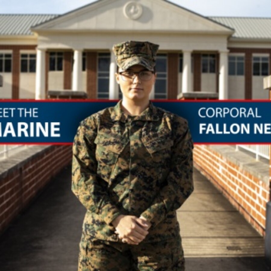 U.S. Marine Corps Cpl. Fallon Newberry, an administrative specialist assigned to Headquarters and Headquarters Squadron, poses for a photo in front of the general’s building at Marine Corps Air Station Cherry Point, North Carolina, Dec. 3, 2019. Newberry joined the Marine Corps because she wanted to serve her country honorably. Newberry’s responsibilities as the installation sergeant major’s administrative clerk include helping set up meetings, coordinating events, and keeping up with correspondence that goes in and out of the office. (U.S. Marine Corps photo illustration by Sgt. Tylor J. Camfield)