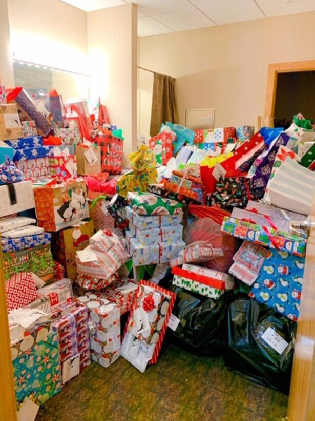 Room full of gifts for Holiday giving