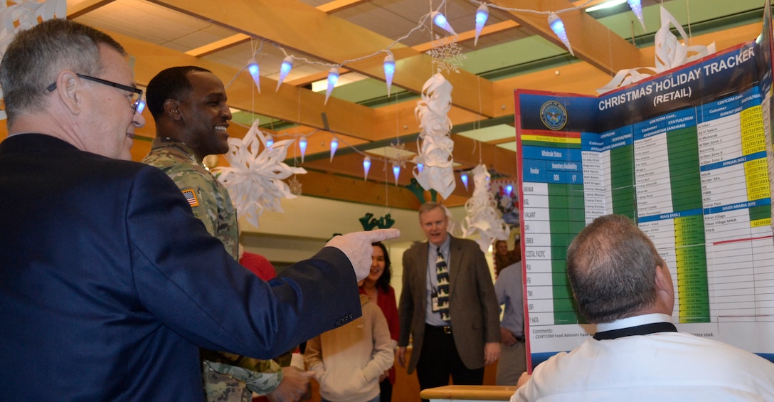 DLA Troop Support Deputy Commander Richard Ellis, far left, and Commander Army Brig. Gen. Gavin Lawrence, second from left, inspect the “Christmas Holiday Tracker” display created by the Subsistence supply chain for a holiday decorating contest Dec. 20, 2019, in Philadelphia.