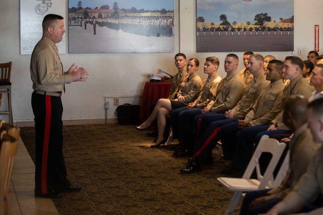 Major Gen. James W. Bierman, the Commanding General of Marine Corps Recruiting Command (MCRC), speaks to Marine Officer Recruiters during the National OSO Symposium at Marine Corps Recruit Depot, San Diego, Dec. 10, 2019. The symposium is an annual event involving Marines with MCRC, that includes recognizing achievements of different recruiting stations as well as discussing topics and issues involved with recruiting. (U.S. Marine Corps photo by Lance Cpl. Zachary T. Beatty)