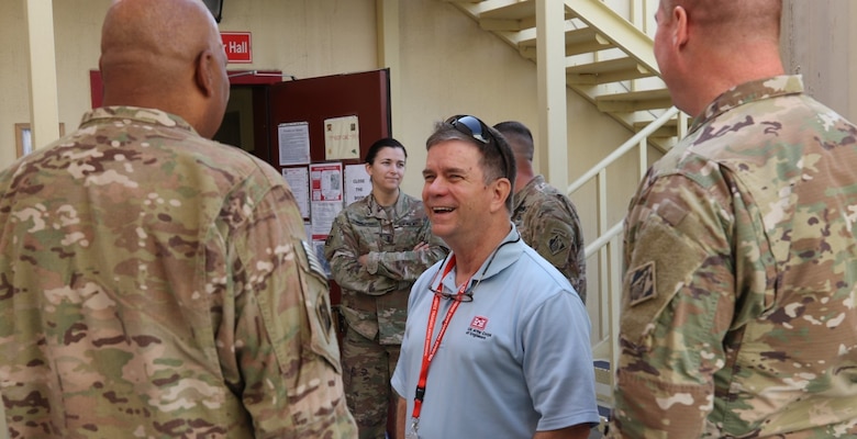 Alvin “Al” Lee, the Transatlantic Division’s Director of Programs and Business, shares a light-hearted discussion with members of the Transatlantic Afghanistan District at Bagram Airfield, Afghanistan, in October 2019. Lee, who is a member of the Federal Government’s Senior Executive Service, is one of only 30 individuals named this year as a Presidential Rank Award “Distinguished Executives” – one of only four Department of the Army members receiving the recognition. The Presidential Rank Award is the top award a civilian Federal employee can receive. It is given to recognize exemplary Federal leaders who have overseen successful Federal initiatives with a sweeping impact.