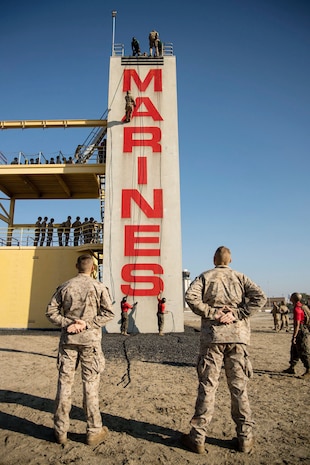 Marines with Alpha Company, 1st Recruit Training Battalion, rappel from the rappel tower at Marine Corps Recruit Depot, San Diego, Dec. 14, 2019.