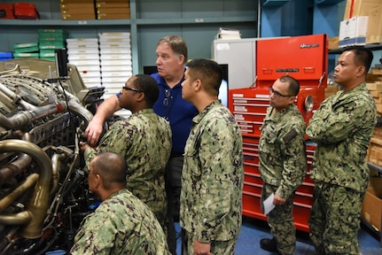 U.S. Navy Sailors attached to USS Fitzgerald (DDG 62) receive borescope inspection training conducted by Scott Brown, Senior Engineering Technician, at the Naval Surface Warfare Center, Philadelphia Division, The Navy Yard in Philadelphia. The borescope tool provides access to the internal sections of an engine, enabling the users to view any damage, cracks or imperfections within the confined chambers of the engine. (U.S. Navy photo by Mass Communication Specialist 1st Class John Banfield).