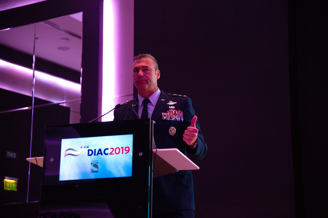 Lt. Gen. Joseph T. Guastella Jr., commander of U.S. Air Forces Central Command, speaks at the 2019 Dubai International Air Chiefs Conference in Dubai, United Arab Emirates, Nov. 16, 2019.