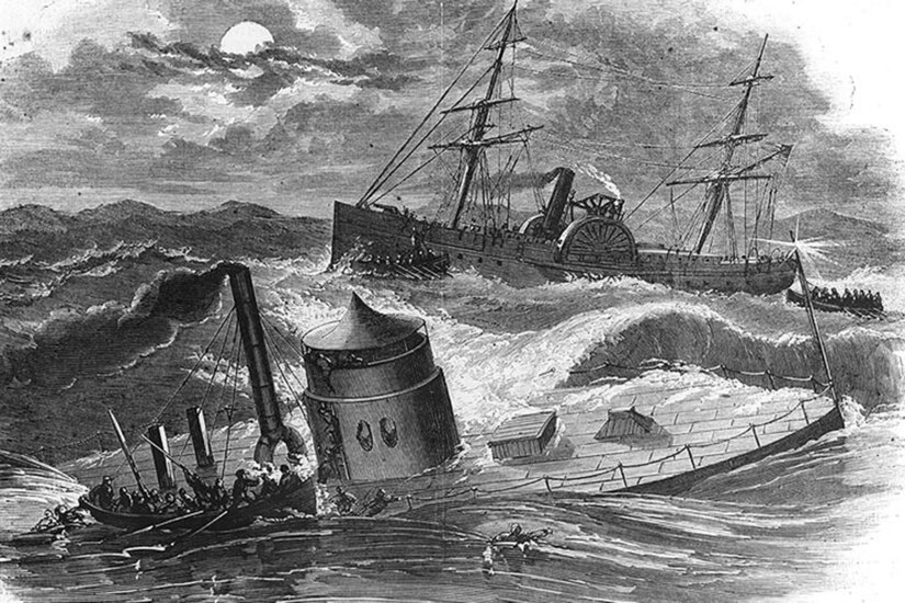Sketch of a small boat taking crewmen off the sinking USS Monitor in rough seas. The USS Rhode Island is in the background.