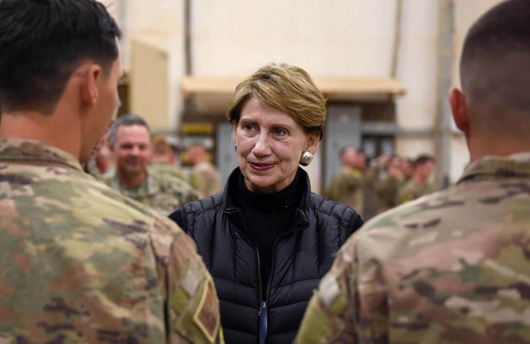Secretary of the Air Force Barbara M. Barrett speaks to Airmen deployed to the 724th Expeditionary Air Base Squadron during her visit to Nigerien Air Base 201, Niger, Dec. 21, 2019. While at the installation, Barrett learned how each unit supports the mission from building the future of the base to defending its assets and personnel. (U.S. Air Force photo by Staff Sgt. Alex Fox Echols III)