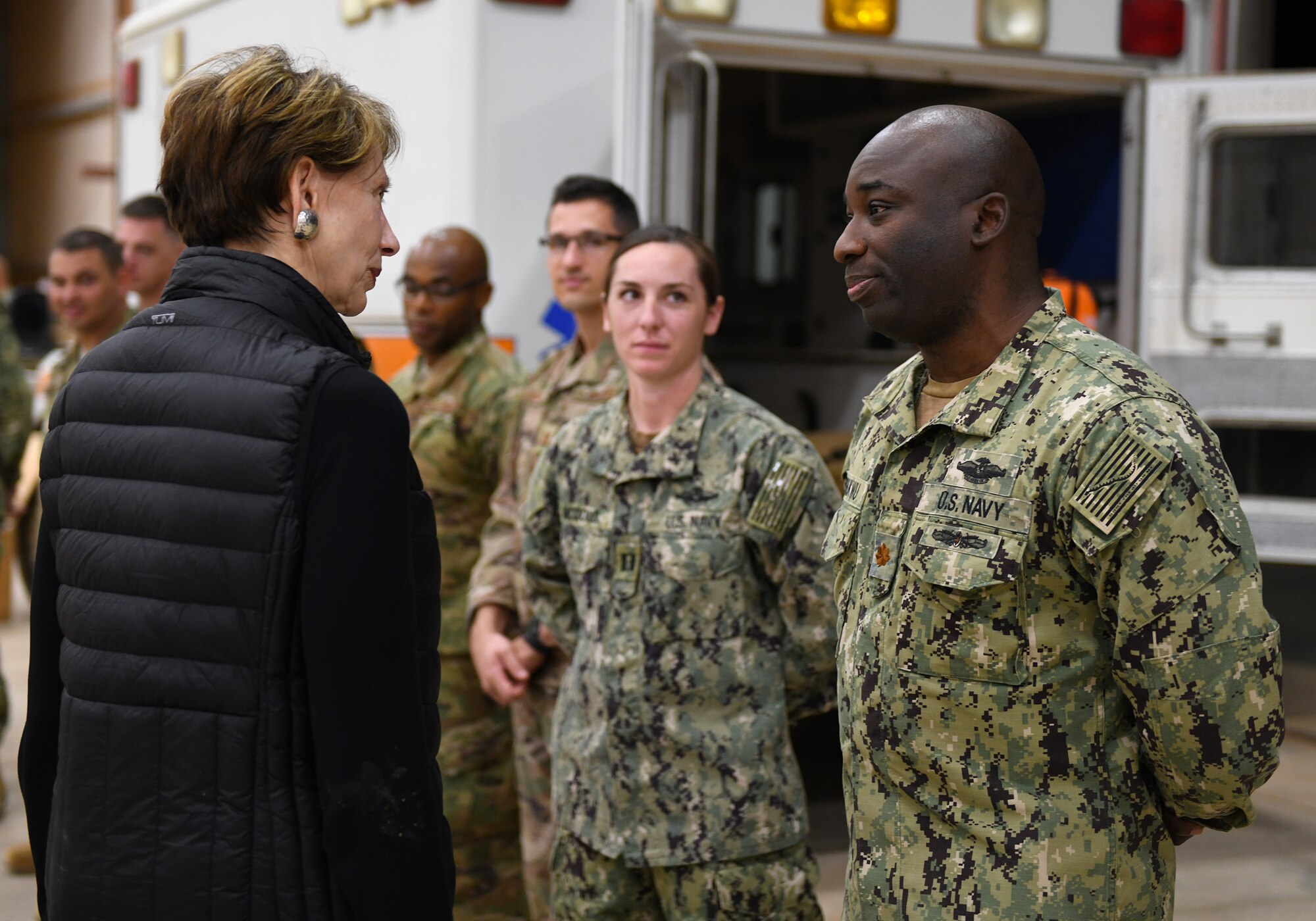 Secretary of the Air Force Barbara M. Barrett speaks to members of the medical team deployed to Nigerien Air Base 201 during her visit to Agadez, Niger, Dec. 21, 2019. While at the installation, Barrett learned how each unit supports the mission from building the future of the base to defending its assets and personnel. (U.S. Air Force photo by Staff Sgt. Alex Fox Echols III)
