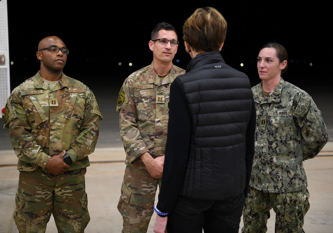 Secretary of the Air Force Barbara M. Barrett speaks to members of the medical team deployed to Nigerien Air Base 201 during her visit to Agadez, Niger, Dec. 21, 2019. During her first visit to the African continent since taking office in October, Barrett’s focus was centered solely on the U.S. service members deployed there. (U.S. Air Force photo by Staff Sgt. Alex Fox Echols III)