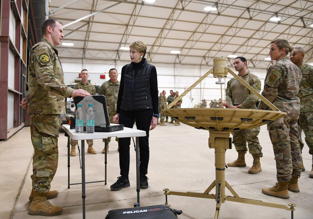 Secretary of the Air Force Barbara M. Barrett speaks to Airmen deployed to the 724th Expeditionary Air Base Squadron during her visit to Nigerien Air Base 201, Niger, Dec. 21, 2019. While at the installation, Barrett learned how each unit supports the mission from building the future of the base to defending its assets and personnel. (U.S. Air Force photo by Staff Sgt. Alex Fox Echols III)