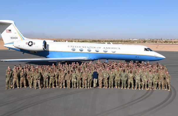 Secretary of the Air Force Barbara M. Barrett and service members deployed to Nigerien Air Base 201 pose for a photo in Agadez, Niger, Dec. 21, 2019. While at the installation, Barrett learned how each unit supports the mission from building the future of the base to defending its assets and personnel. (U.S. Air Force photo by Staff Sgt. Alex Fox Echols III)