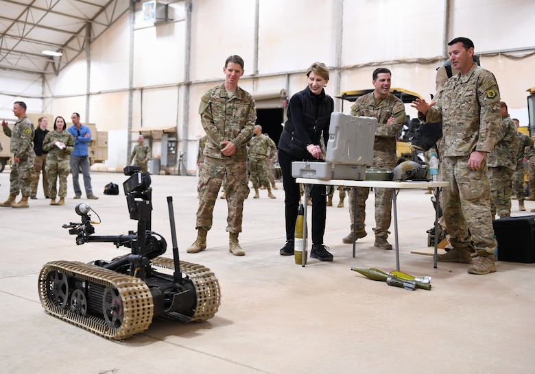 Secretary of the Air Force Barbara M. Barrett drives a bomb disposal robot used by the Explosive Ordnance Disposal Team deployed to the 724th Expeditionary Air Base Squadron during her visit to Nigerien Air Base 201, Niger, Dec. 21, 2019. While at the installation, Barrett learned how each unit supports the mission from building the future of the base to defending its assets and personnel. (U.S. Air Force photo by Staff Sgt. Alex Fox Echols III)